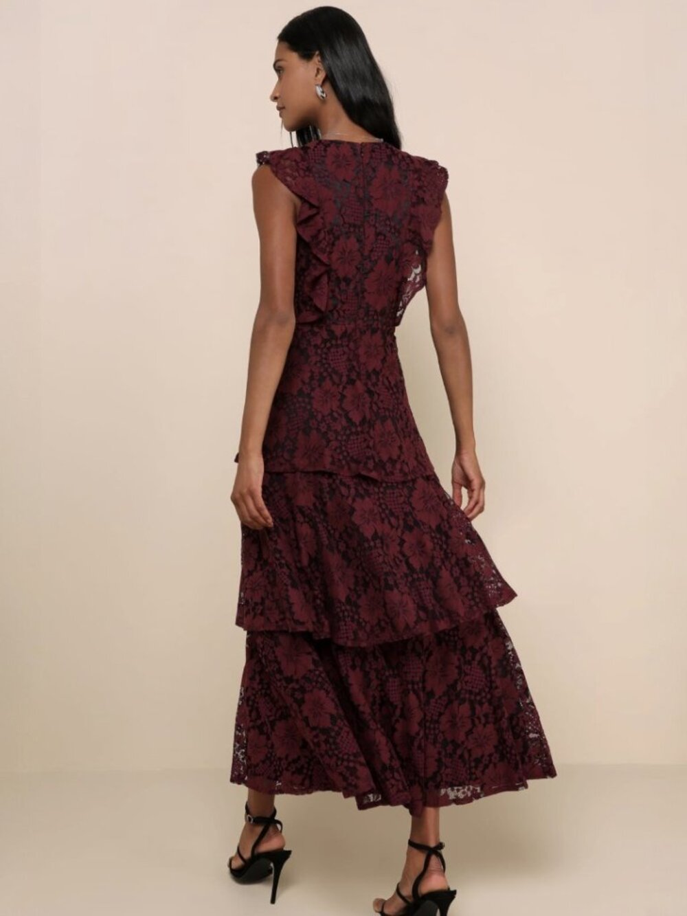 NWT Lulus Molinetto Burgundy Lace Ruffled Tiered Sleeveless Maxi Dress​ - Picture 2 of 10